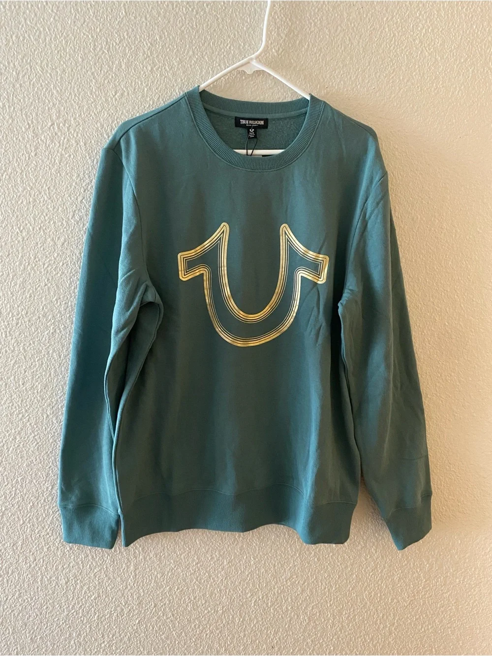 True Religion Teal Crewneck Sweater with Yellow Logo